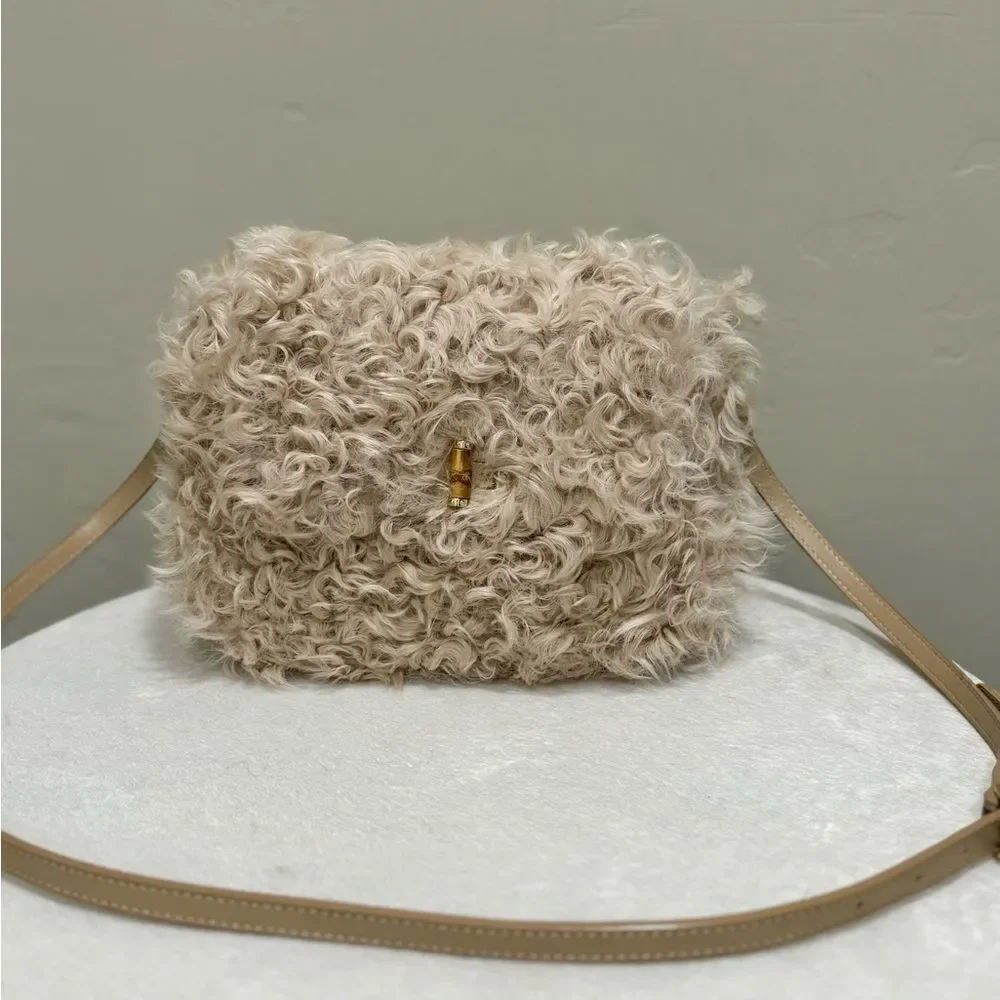 Beige Genuine Curly Shearling Top Handle & Fold Over Flap Purse, Crossbody
